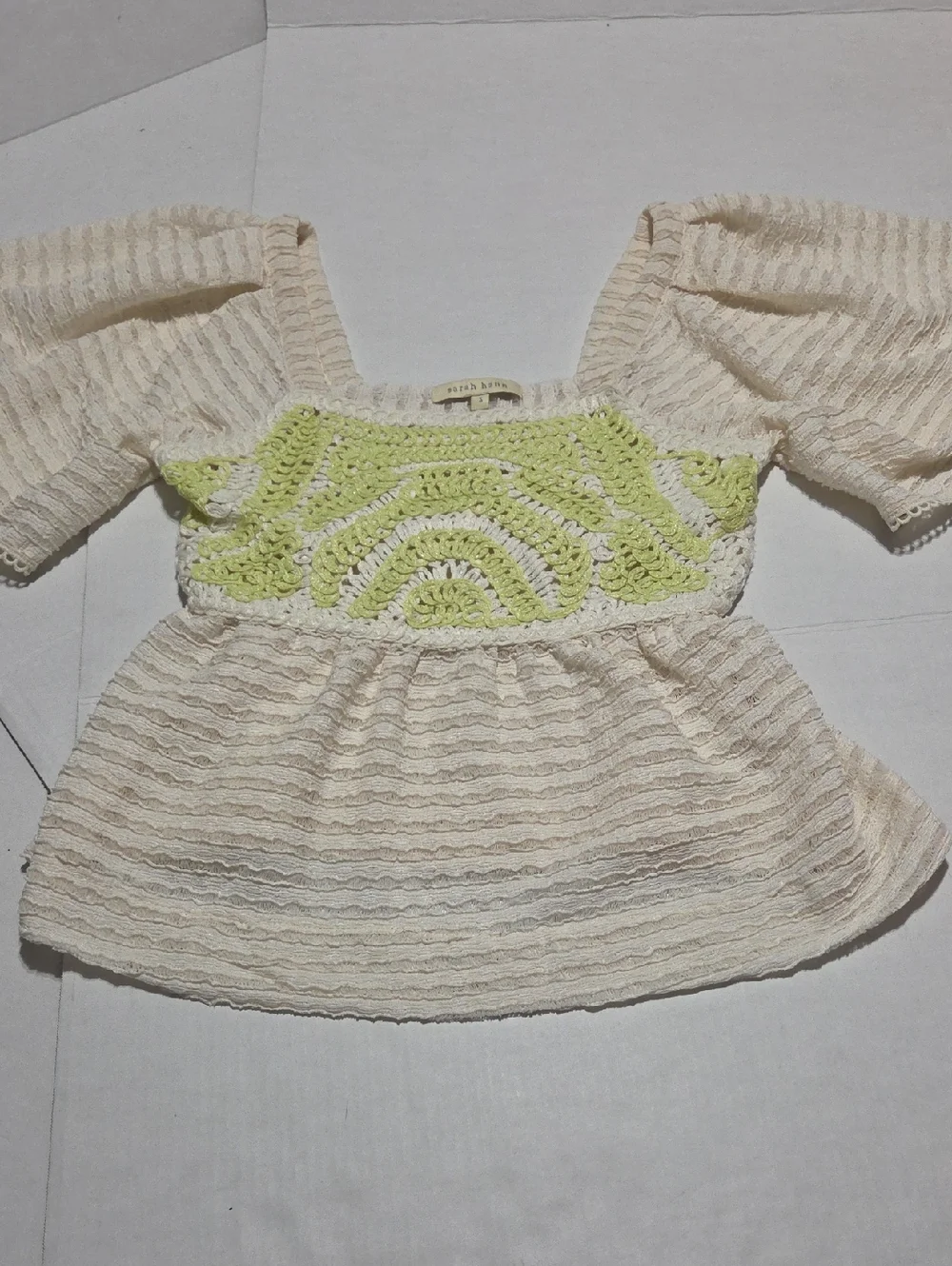 Anthropologie Cream Blouse with Light Green Crochet Yoke